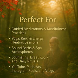 Puede incluir: Imagen de un hombre meditando en un entorno forestal. El texto "Perfect For" se muestra, seguido de una lista de actividades como meditaciones guiadas, yoga, ba&ntilde;os de sonido, llevar un diario y creaci&oacute;n de contenido en l&iacute;nea.