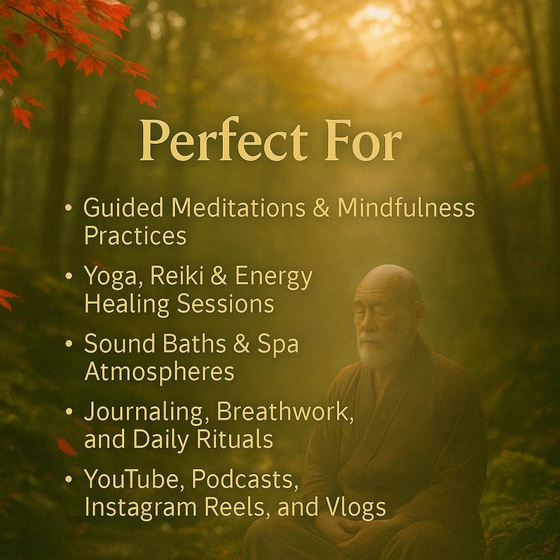 Puede incluir: Imagen de un hombre meditando en un entorno forestal. El texto "Perfect For" se muestra, seguido de una lista de actividades como meditaciones guiadas, yoga, ba&ntilde;os de sonido, llevar un diario y creaci&oacute;n de contenido en l&iacute;nea.