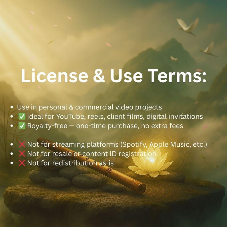 May include: Image with text: "License & Use Terms:" lists usage rights for video projects, YouTube, reels, and digital invitations. It also states "Royalty-free - one-time purchase, no extra fees."