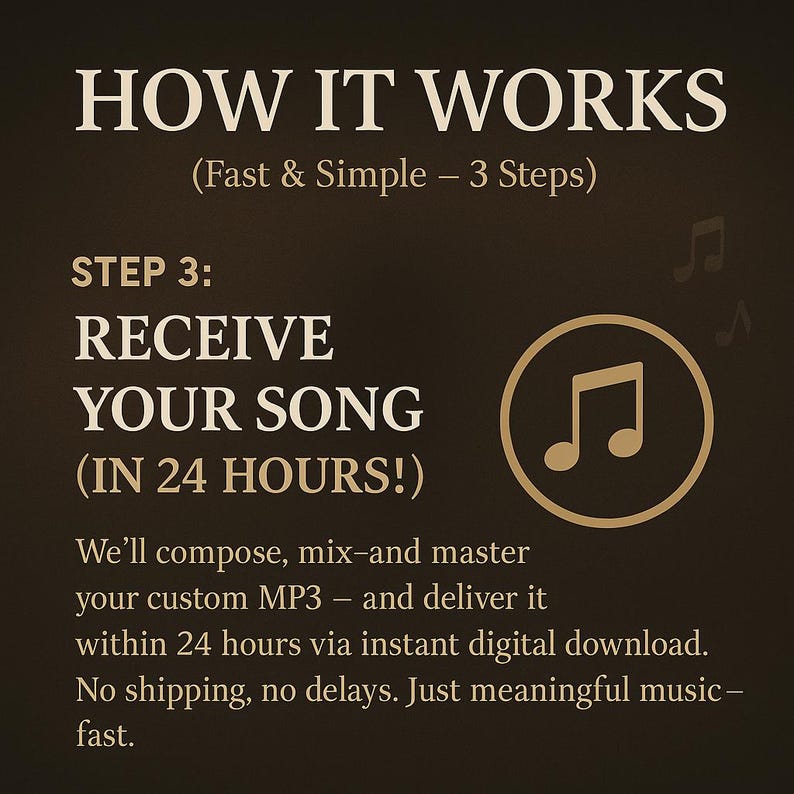 May include: A dark brown graphic with white text that reads "HOW IT WORKS" and "RECEIVE YOUR SONG (IN 24 HOURS!)". A musical note icon is in a gold circle. The text describes the process of receiving a custom MP3.