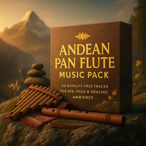 May include: A brown box with gold text reading "ANDEAN PAN FLUTE MUSIC PACK" is next to a pan flute and a wooden flute. The box advertises 20 royalty-free tracks for spa, yoga, and healing ambience.
