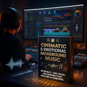 Puede incluir: Una caja negra con texto dorado que dice "CINEMÁTICA Y MÚSICA DE FONDO EMOCIONAL" y "20 PISTAS LIBRES DE DERECHOS PARA BODAS, YOUTUBE Y CINEASTAS". La caja está frente a una pantalla de ordenador que muestra software de edición de vídeo.