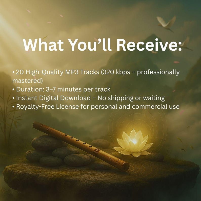 May include: A bamboo flute rests on a stone surface, with a glowing lotus flower and text that reads "What You'll Receive:" and details about the product, including 20 high-quality MP3 tracks.