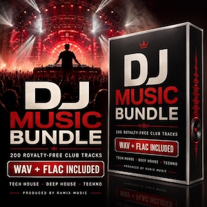May include: A black rectangular box labeled DJ MUSIC BUNDLE with white and red text. It features 200 royalty-free club tracks in WAV and FLAC formats, including tech house, deep house, and techno genres, produced by Ramix Music.