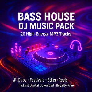 Puede incluir: Gráfico digital para un "Bass House DJ Music Pack" con una ilustración de mezclador de DJ. La imagen presenta una combinación de colores neón de púrpura, azul y naranja. El texto incluye "20 pistas MP3 de alta energía" y "Cubs • Festivals • Edits • Reels".