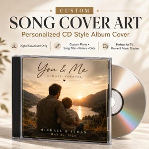 May include: A clear plastic CD jewel case containing a custom album cover with a photograph of two people sitting by a lake at sunset. The text reads You & Me, ALWAYS, FOREVER, MICHAEL & ETHAN, and MAY 20, 2024. A silver compact disc is visible.