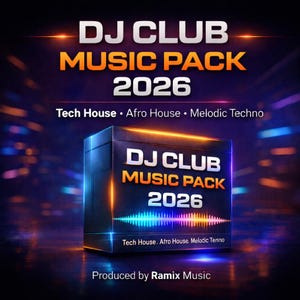 Pode incluir: Imagem promocional para um DJ Club Music Pack 2026. O design apresenta uma caixa escura com o texto "DJ CLUB MUSIC PACK 2026" em laranja e branco. Abaixo, os gêneros musicais: Tech House, Afro House e Melodic Techno. Produzido por Ramix Music.