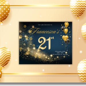 Gold Glitter 21st Birthday Invitation: Black and Gold Party Invite (Digital Download)