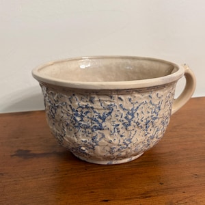 Antique Blue Spongeware Chamber Pot • Embossed Basketweave Stoneware • Primitive Blue & White Pottery