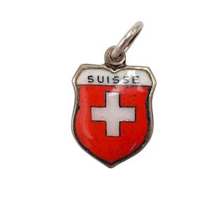 Vintage 800 Silver Switzerland Suisse Red Enamel Travel Shield Charm Bracelet Traditional Pendant Necklace Enameled Jewellery Gift