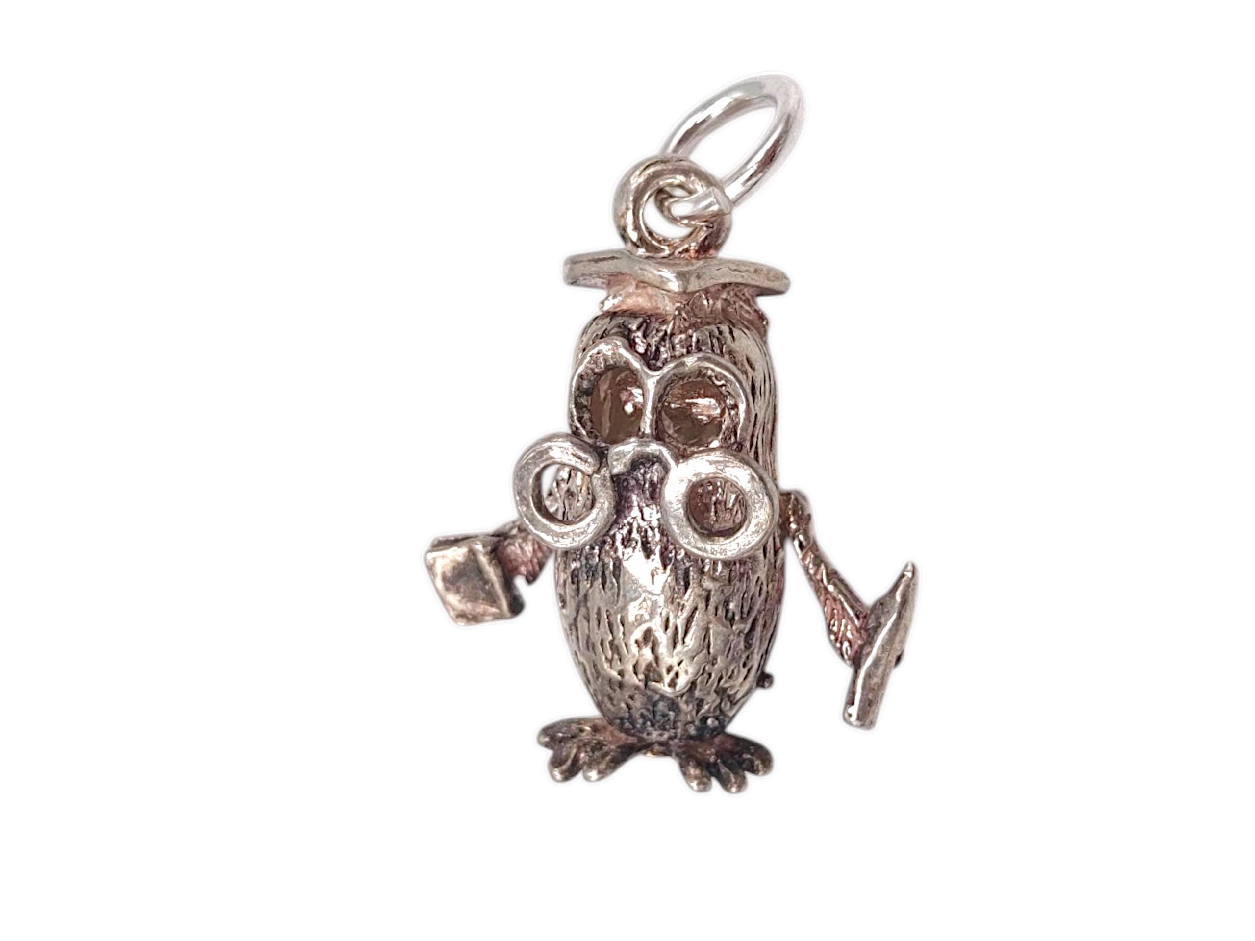 Vintage 925 Sterling Silver Wise Owl Professor Articulated Graduation Charm Pendant Necklace Bracele