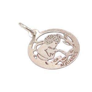 Vintage 925 Sterling Silver Aquarius Water Sign Zodiac Star Sign Disc Medallion Charm Bracelet Pendant Jewellery Gift