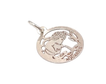 Vintage 925 Sterling Silver Aquarius Water Sign Zodiac Star Sign Disc Medallion Charm Bracelet Pendant Jewellery Gift