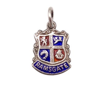 Vintage Silver Ramsgate England Blue Red Enamel Travel Shield Charm Bracelet Traditional Pendant Necklace Enameled Jewellery Gift