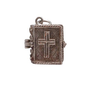 NUVO Vintage 925 Sterling Silver Oxidised Holy Bible Opening Charm Pendant Necklace Bracelet Christian Religious Jewellery Gift
