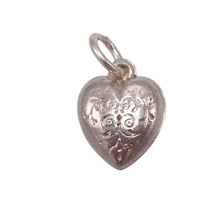 Vintage 925 Sterling Silver Small Puffed Engraved Heart Charm Bracelet Pendant Necklace Jewellery Gift