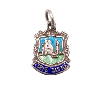 Vintage Silver Corfe Castle England Enamel Travel Shield Charm Bracelet Traditional Pendant Necklace Enameled Jewellery Gift