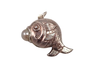 Vintage 925 Sterling Silver Puffed Fish with Pearl in Mouth Charm Pendant Bracelet Necklace Silver Gift Jewellery