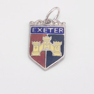 Vintage 925 Sterling Silver EXETER Devon Enamel Travel Shield England Charm Bracelet Traditional Pendant Necklace Enamelled Jewellery