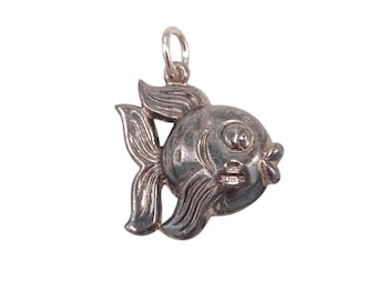 70s Vintage 925 Sterling Silver Puffed Goldfish Fish Charm Pendant Bracelet Necklace Silver Gift Jewellery