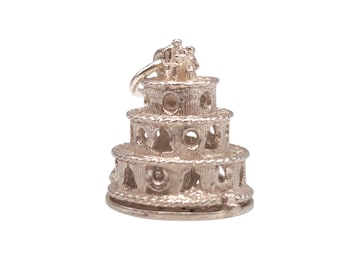 Vintage CHIM 925 Sterling Silver Wedding Cake Married Couple Opens to Lucky Horseshoe Inside Charm Bracelet Pendant Necklace Silver Gift