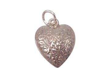 Vintage 925 Sterling Silver Ornate Puffed Engraved Heart Charm Bracelet Pendant Necklace Gift Silver Jewellery