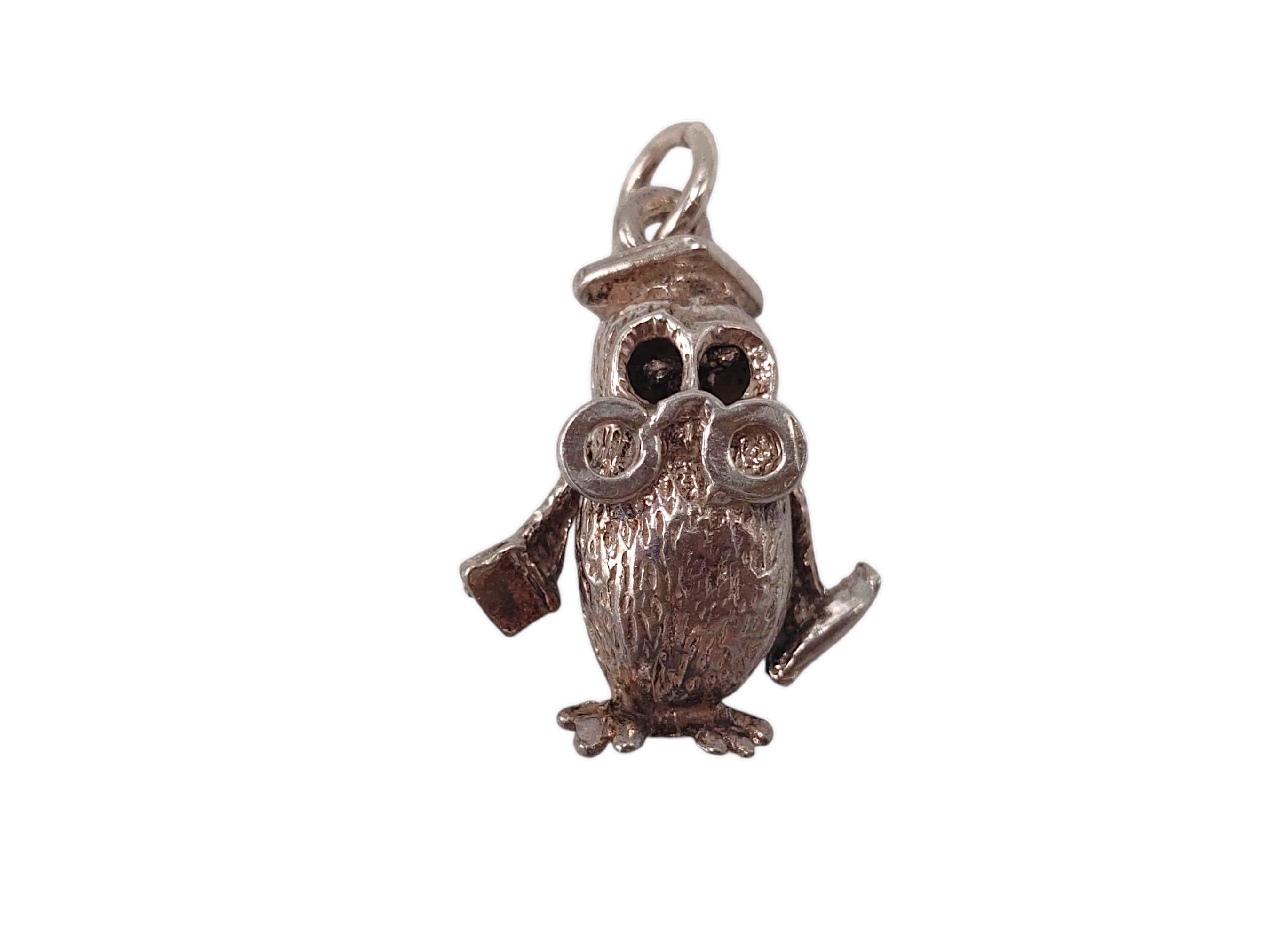 Vintage 925 Sterling Silver Wise Owl Professor Articulated Graduation Charm Bracelet Pendant Necklac