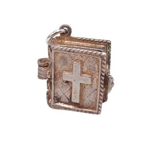 Vintage 925 Sterling Silver Holy Bible Articulated  Opening Charm Contains Enameled Sleeping Baby Necklace Bracelet Religious Jewellery Gift