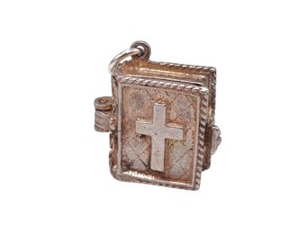 Dije de apertura articulada de la Santa Biblia en plata de ley 925 vintage con un bebé durmiendo esmaltado, collar, pulsera, joyería religiosa, regalo.