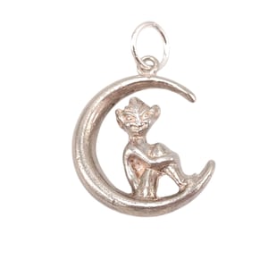 May include: Silver-toned pendant featuring a seated figure on a crescent moon. The figure has pointed ears and is holding its knees. The pendant has a loop at the top for a chain. The design is detailed and has a vintage look.