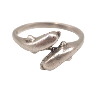 Vintage Solid 925 Sterling Silver Bypass Double Dolphin Ring Size UK Q , 2.6g Gift Ocean Jewellery