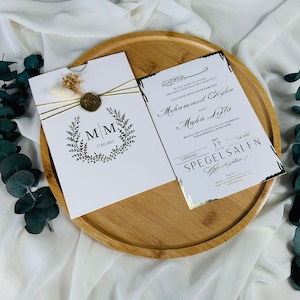 Gold Foil Wedding Invitation with Dried Flowers | White Envelope & Wax Seal | Elegant Flat Card with Botanical Detail