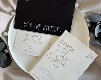 Modernes Schwarz Weiß Hochzeitseinladungs-Set mit Umschlag