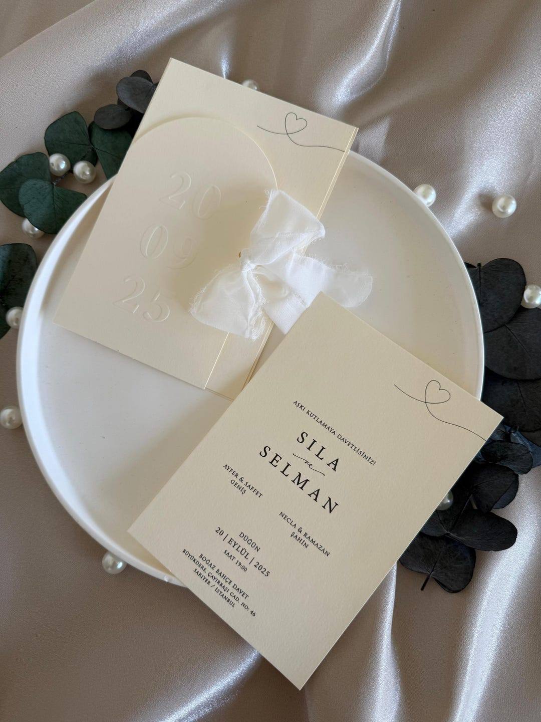 Minimalist Cream Wedding Invitation With White Ribbon – Embossed Date ...