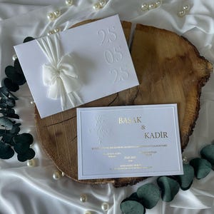 White Gold Foil Wedding Invitation | Embossed Date Envelope & Elegant Ribbon | Luxury Modern Invite for 2025 Weddings