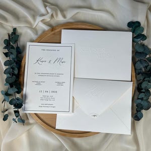 White Embossed Wedding Invitation with Monogram & Crystal – Elegant Textured Card with Envelope Set