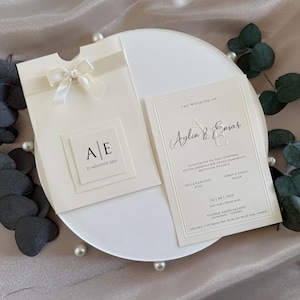 Elegant Ivory/Cream Wedding Invitation with Satin Ribbon | Minimalist Custom Wedding Card | Classic Flat Design"