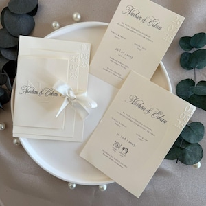 Elegant Cream Wedding Invitation Set with Ribbon | Embossed Minimal Design | Personalized Luxury Card for Modern Couples