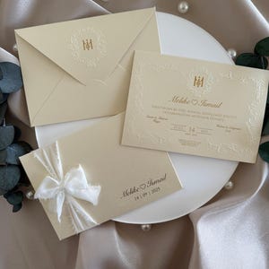 Gold Foil Wedding Invitation with Custom Crest – Textured Glitter Card & White Chiffon Ribbon