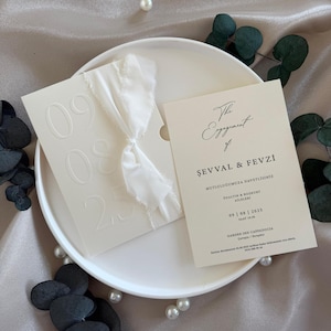 Timeless Wedding Invitation – Embossed Date, Delicate Chiffon Ribbon, Modern Minimal Design