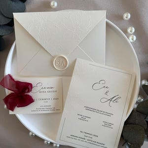 Floral Embossed Wedding Invitation Set with Burgundy Ribbon | Elegant Custom Invite for Romantic & Classic Weddings