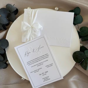 White Wedding Invite with Raised Details & Soft Chiffon Ribbon – Custom Monogram