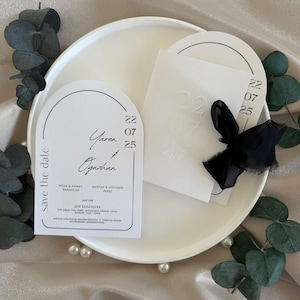 Arch Save the Date Card – Embossed Date Envelope with Black Chiffon Ribbon & Minimalist Design