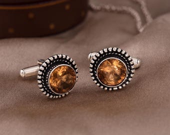 Smoky Quartz Cufflinks: Handmade 925 Sterling Silver Antique Style