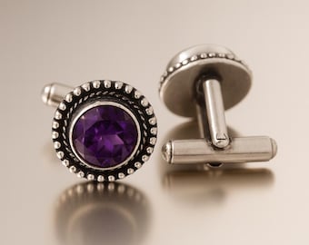 Handmade Sterling Silver Amethyst Cufflinks: Round Cut Gemstone Jewelry