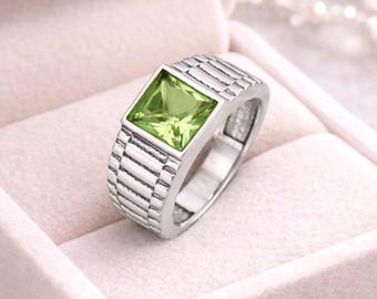 925 Sterling Silver Green Amethyst Ring For Men | Square Cut Gemstone | Handmade Vintage Jewelry