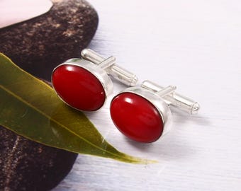 Red Coral Sterling Silver Cufflinks: Handmade Oval Gemstone Jewelry