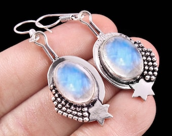 Handgemachte Sterling Silber Regenbogen Mondstein Ohrringe