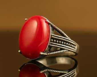 Oval Red Coral Gemstone Ring: 925 Sterling Silver Handmade Jewelry