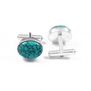 Beautiful Turquoise Cufflinks, 925 Sterling Silver Oval Gemstone Cufflinks, Minimalist Oval Shape Cufflinks, Handmade Men&#39;s Cufflinks